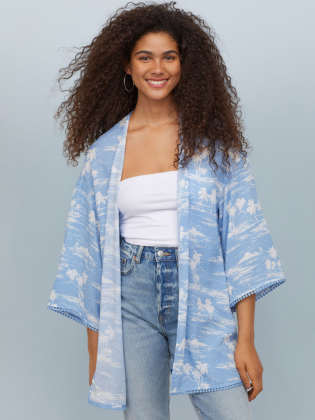 Buy H&M Women Blue & White Printed Pompom Trimmed Kimono Shrug Shrug