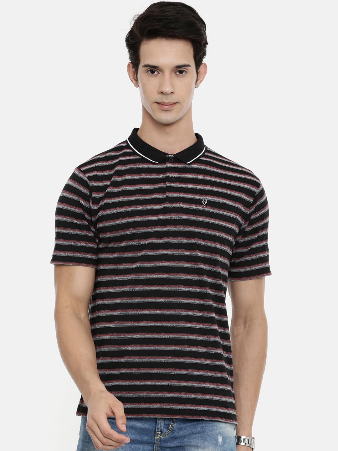 Buy Classic Polo Men Black & Grey Striped Polo Collar Slim Fit T Shirt