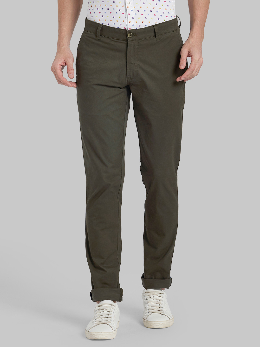Buy Parx Men Olive Green Regular Fit Solid Regular Trousers - Trousers ...