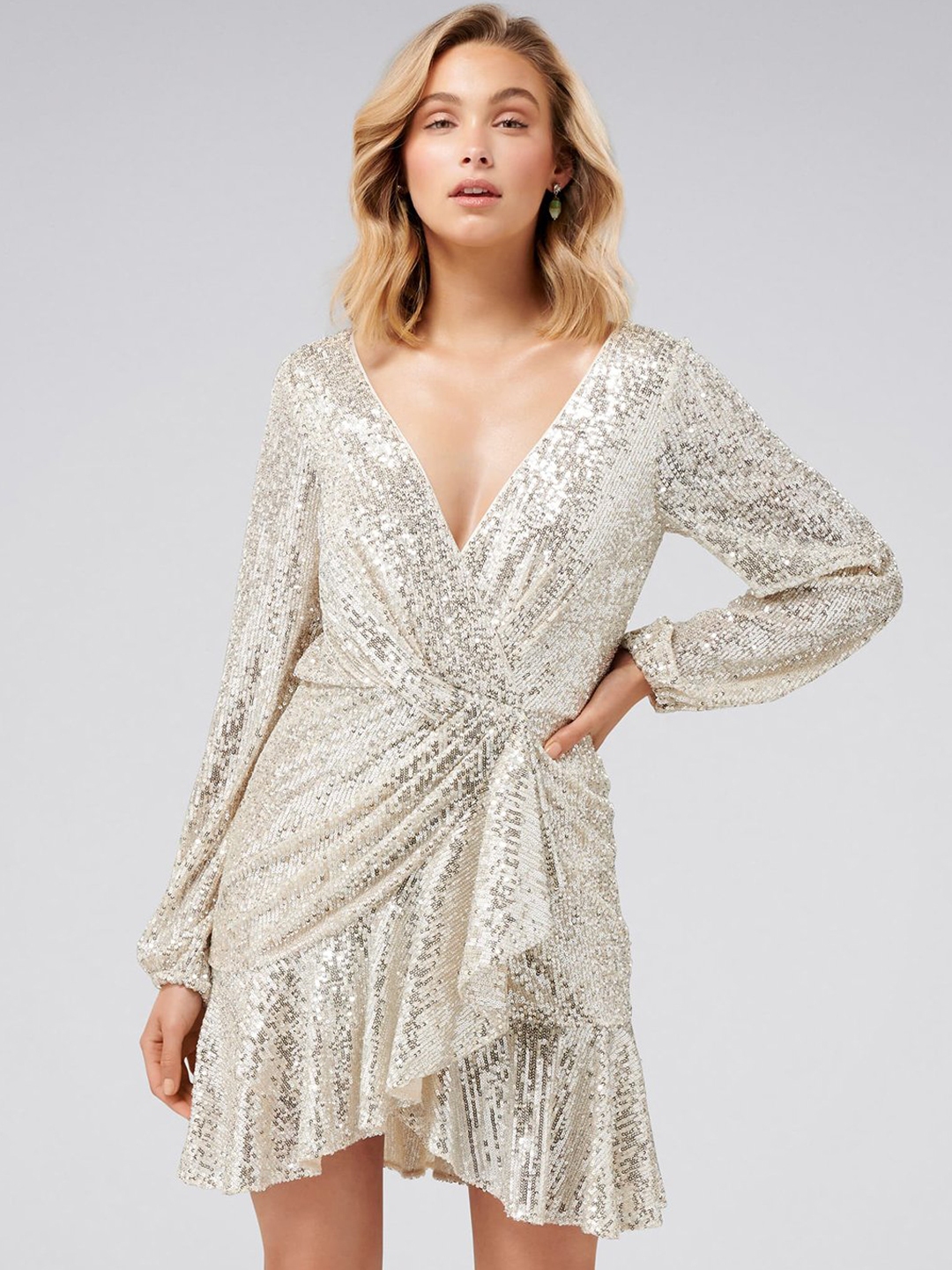 Buy Forever New Women Embellished Silver Toned Wrap Dress - Dresses for ...