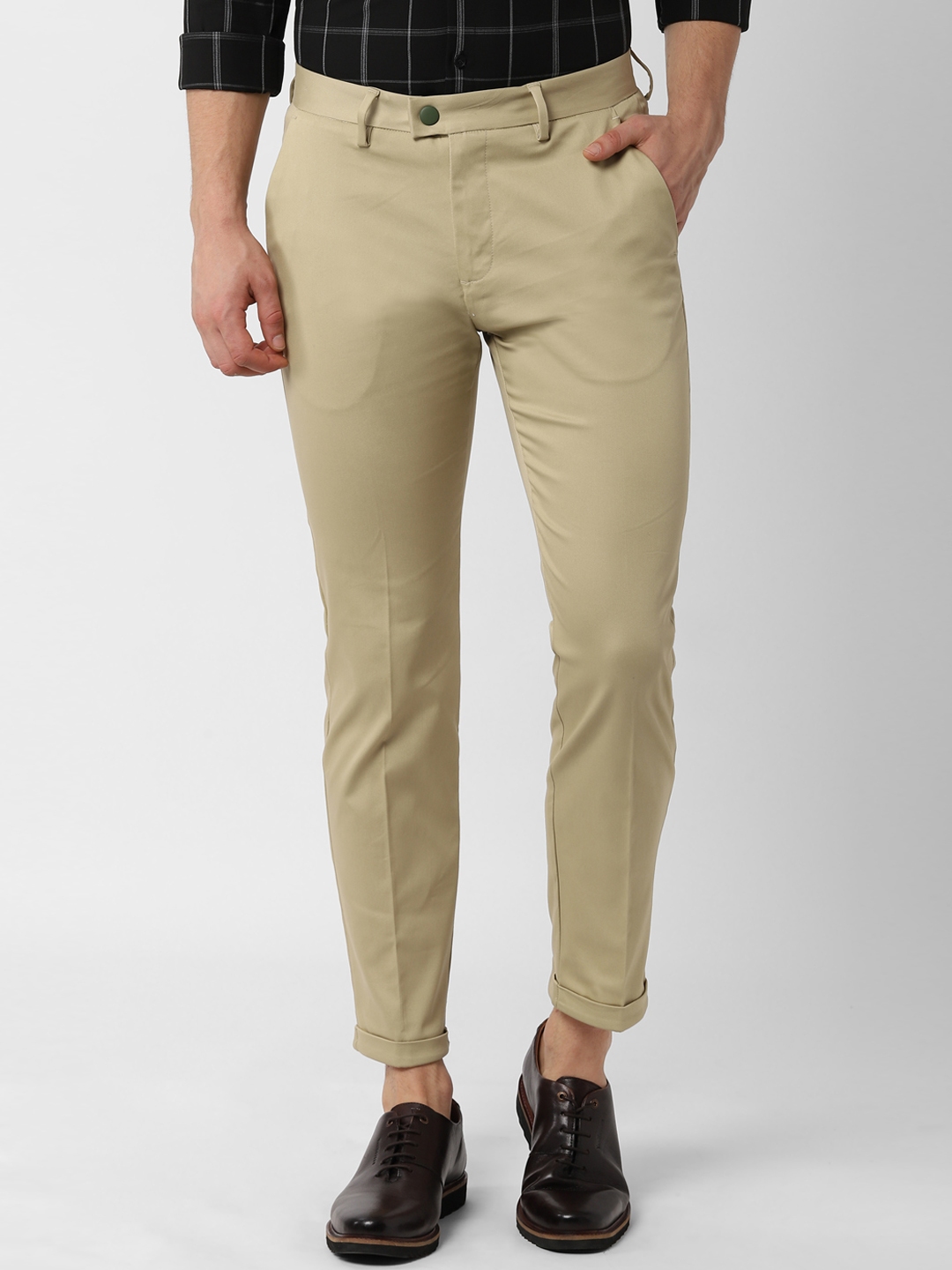 Buy Peter England Men Beige Slim Fit Solid Chinos - Trousers for Men ...