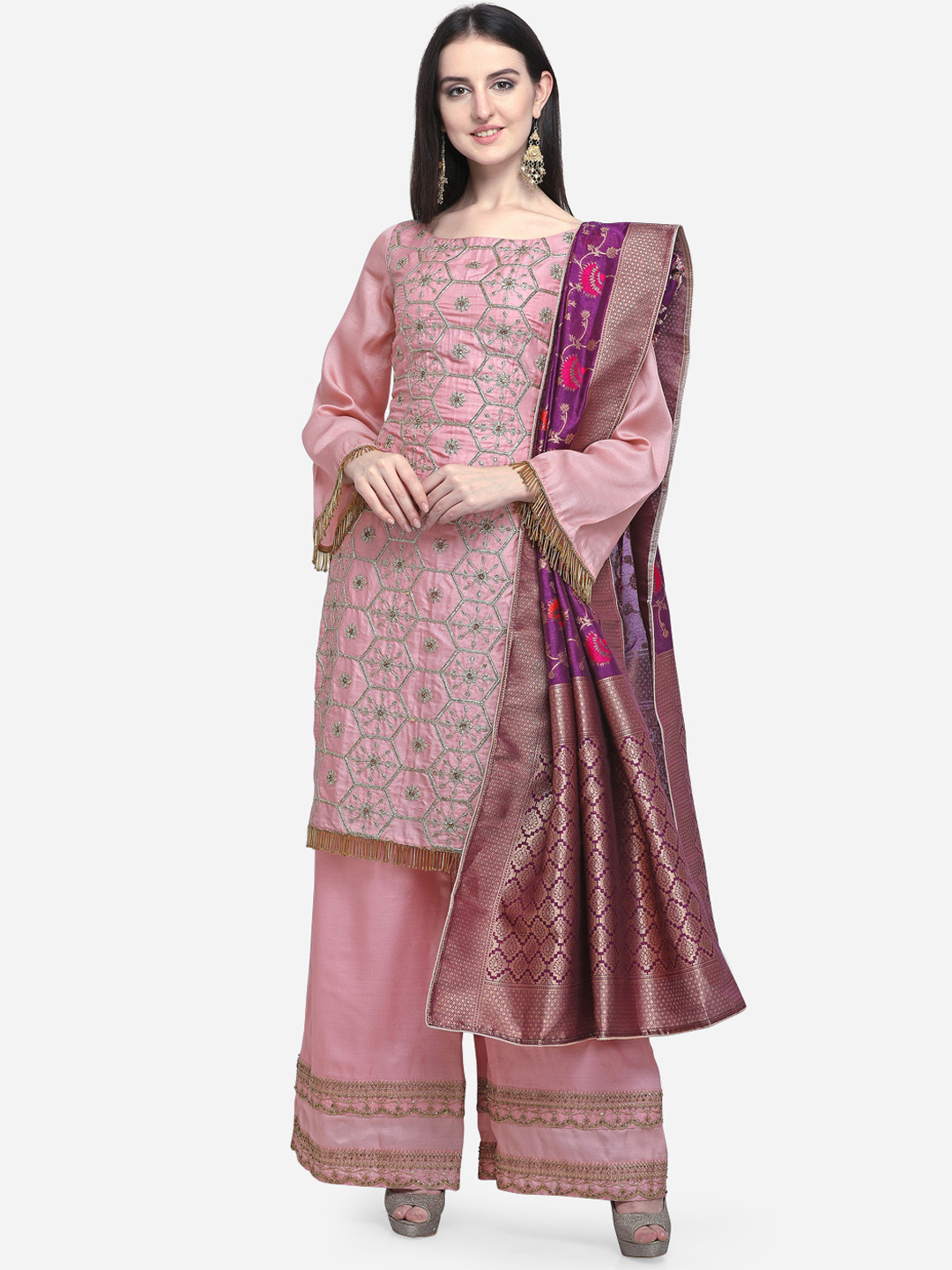 Buy Stylee LIFESTYLE Pink Satin Semi Stitched Dress Material Dress
