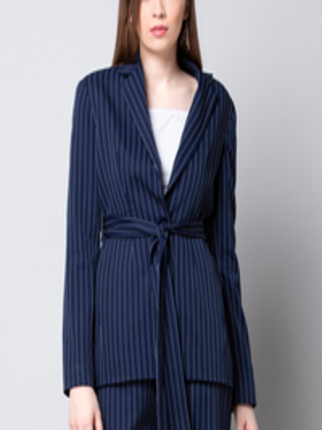Buy FabAlley Women Navy Blue & White Striped Open Front Belted Tailor