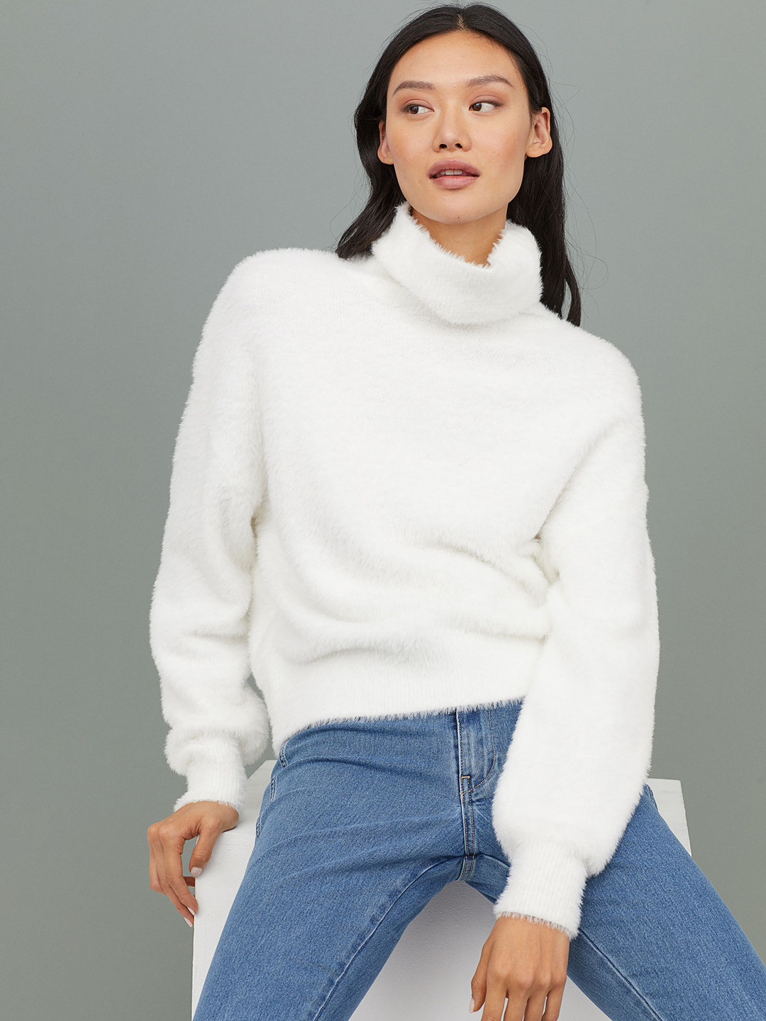 Buy H&M Women White Fluffy Polo Neck Jumper - Sweaters for Women