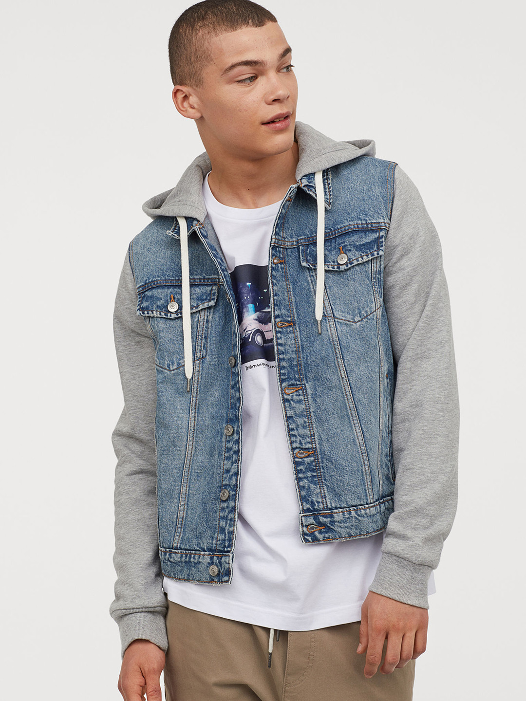 Buy H&M Men Blue & Grey Hooded Denim Jacket Jackets for Men 10844730