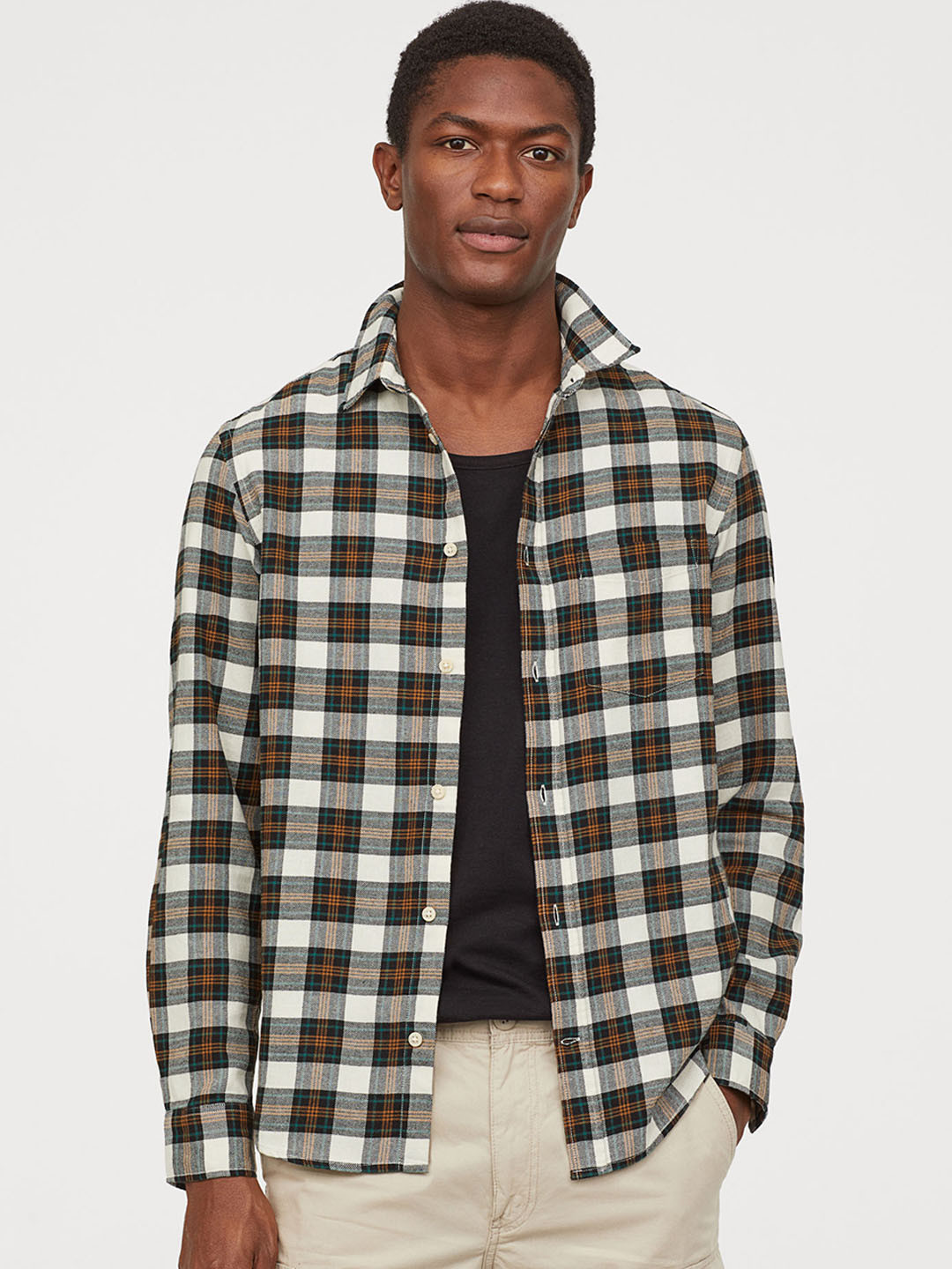 Buy H&M Men White & Brown Checked Flannel Shirt Regular Fit Shirts