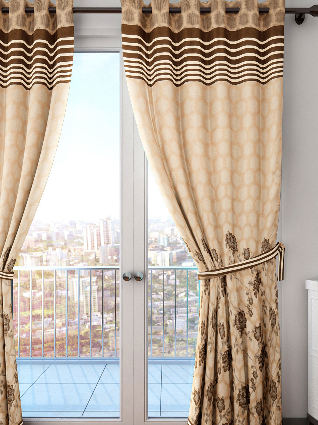 Buy HOUZZCODE Beige & Brown Single Room Darkening Curtain Curtains