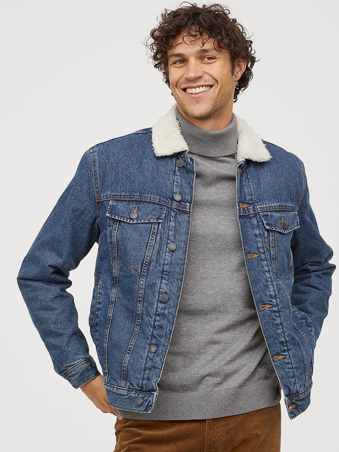 Buy H&M Men Blue Solid Pile Lined Denim Jacket Jackets for Men