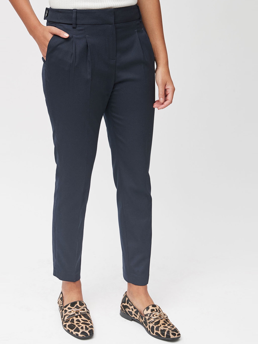 Buy Next Women Navy Blue Solid Regular Fit Regular Trousers - Trousers ...