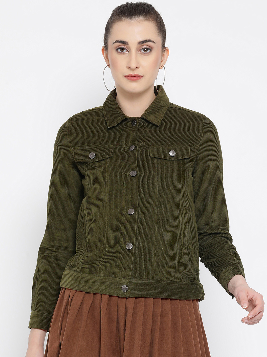 Buy Oxolloxo Women Olive Green Corduroy Lightweight Jacket Jackets