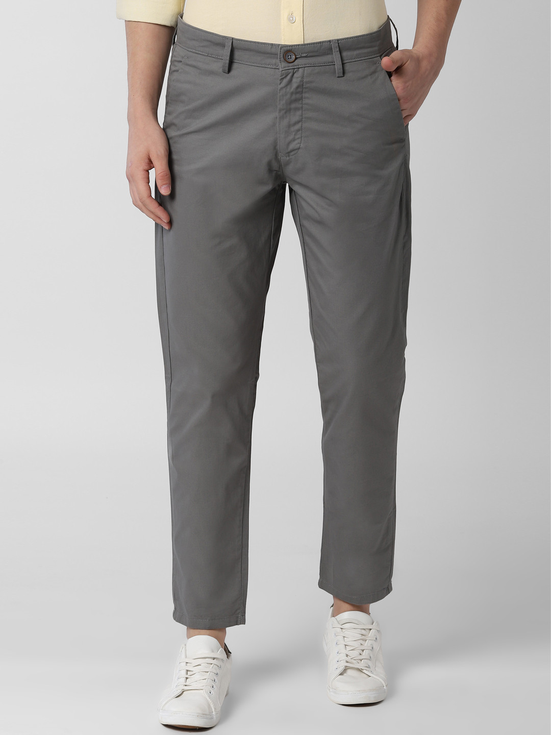 Buy Peter England Casuals Men Grey Tapered Fit Solid Regular Trousers