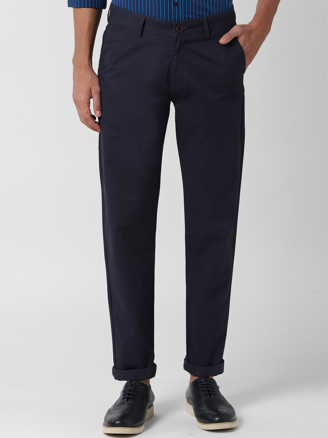 Buy Peter England Casuals Men Navy Blue Slim Fit Solid Regular Trousers