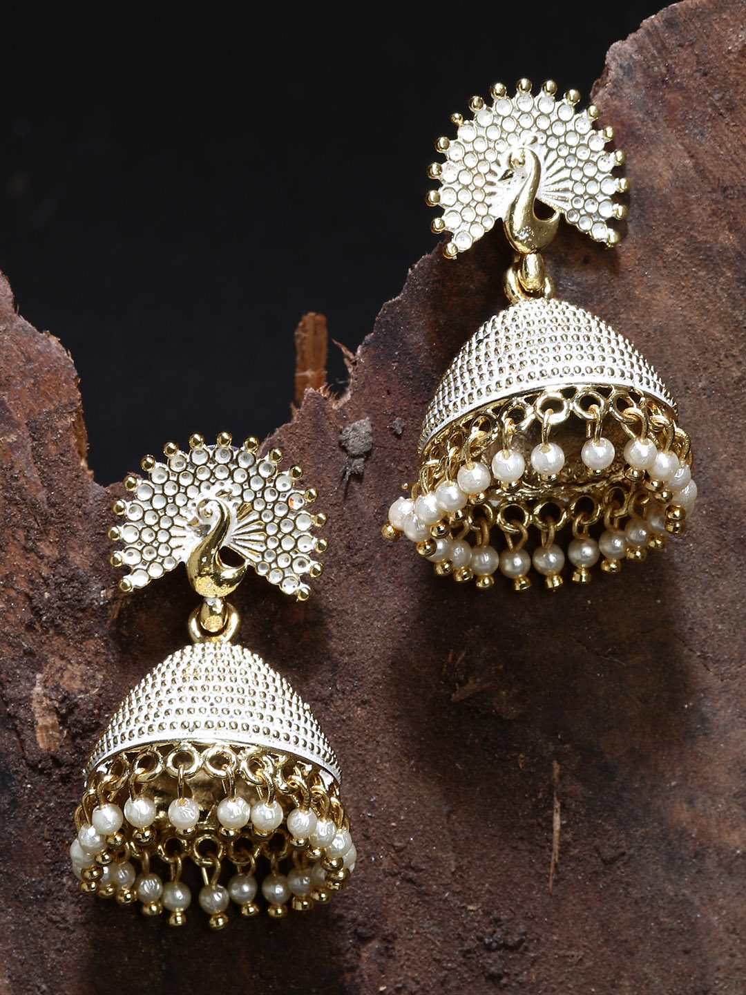 Buy ANIKAS CREATION Gold Plated & White Peacock Shaped Enamelled Jhumkas - Earrings for Women