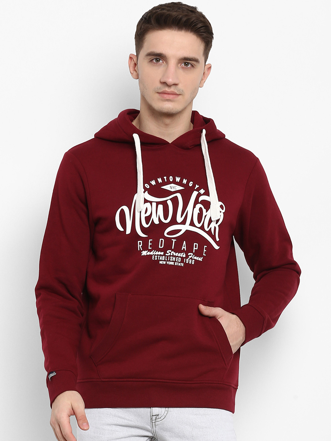 Buy Red Tape Men Burgundy Printed Hooded Sweatshirt Sweatshirts for