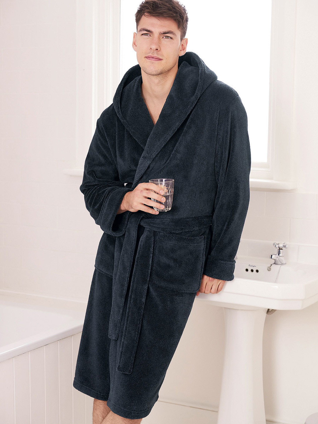 Buy Next Men Navy Blue Solid Pure Polyester Robe Robe for Men