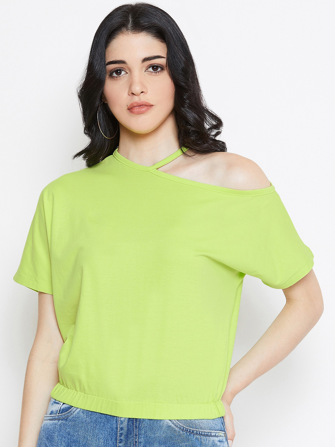 Buy THE SILHOUETTE STORE Women Lime Green Solid Round Neck Pure Cotton T Shirt - Tshirts for 