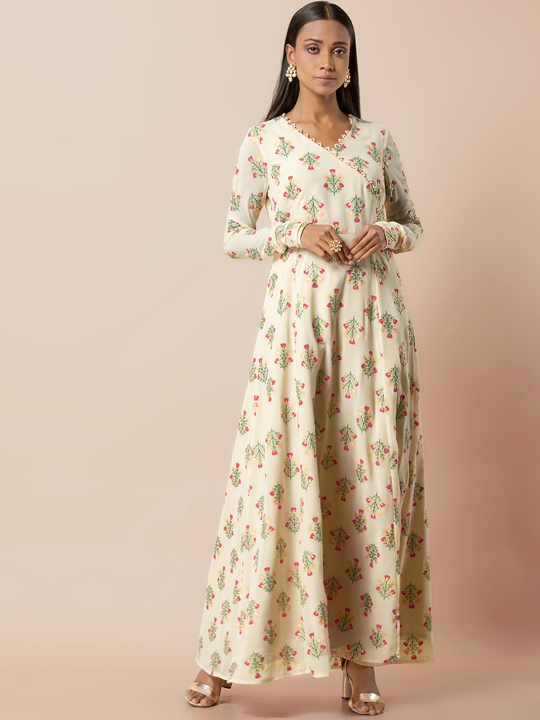 Buy INDYA Women Cream Coloured & Green Floral Print A Line Ethnic Dress ...
