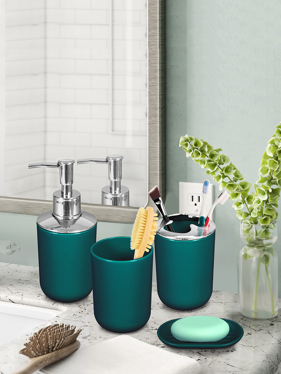 Buy Storyhome Set Of 4 Teal Green & Silver Toned Solid Bathroom