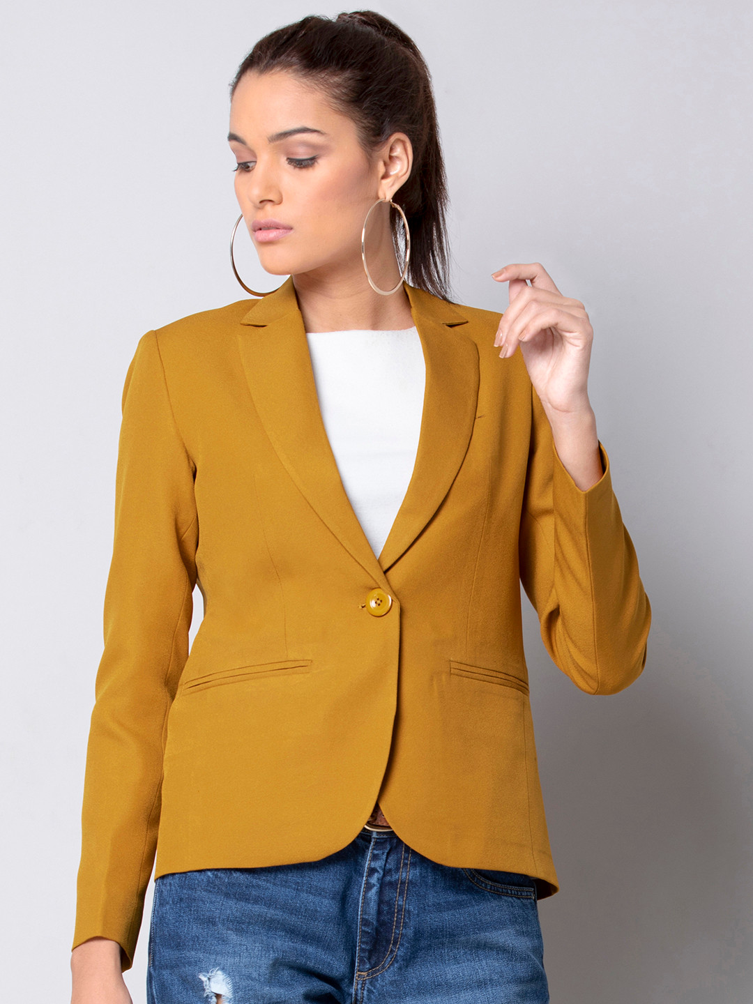 Buy FabAlley Women Mustard Yellow Solid Single Breasted Tailored Fit