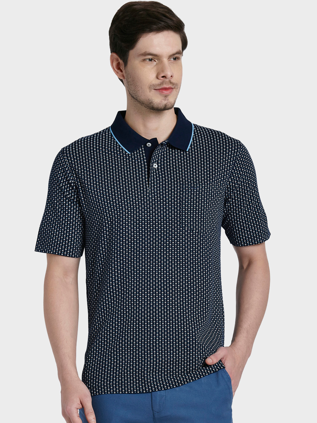 Buy ColorPlus Men Navy Blue & White Printed Polo Collar T Shirt ...