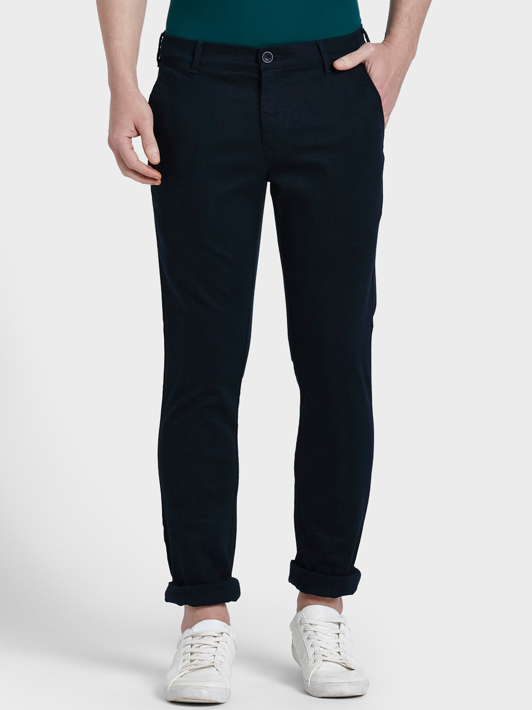 Buy ColorPlus Men Navy Blue Regular Fit Solid Regular Trousers ...