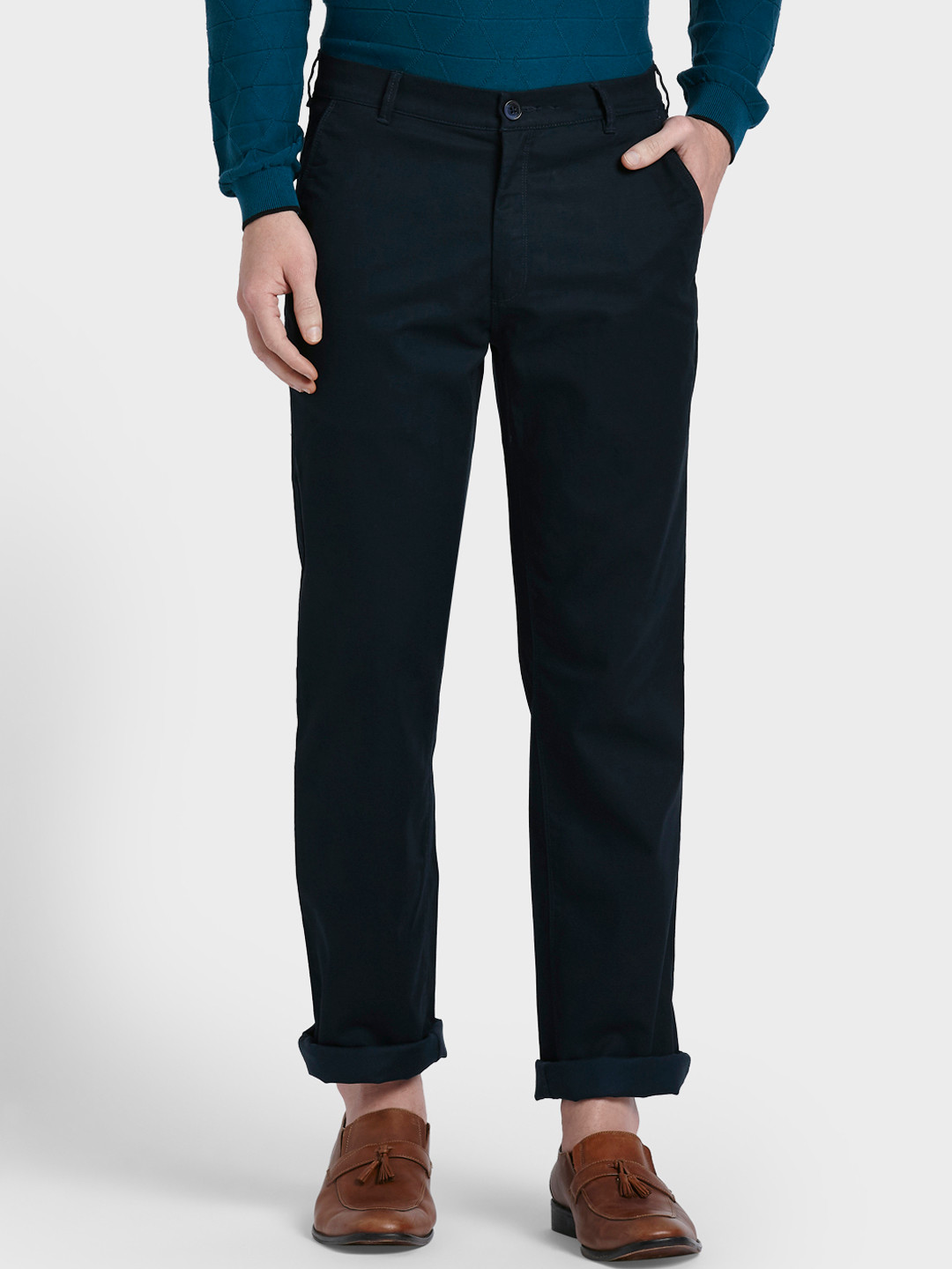 Buy ColorPlus Men Navy Blue Original Regular Fit Solid Regular Trousers ...
