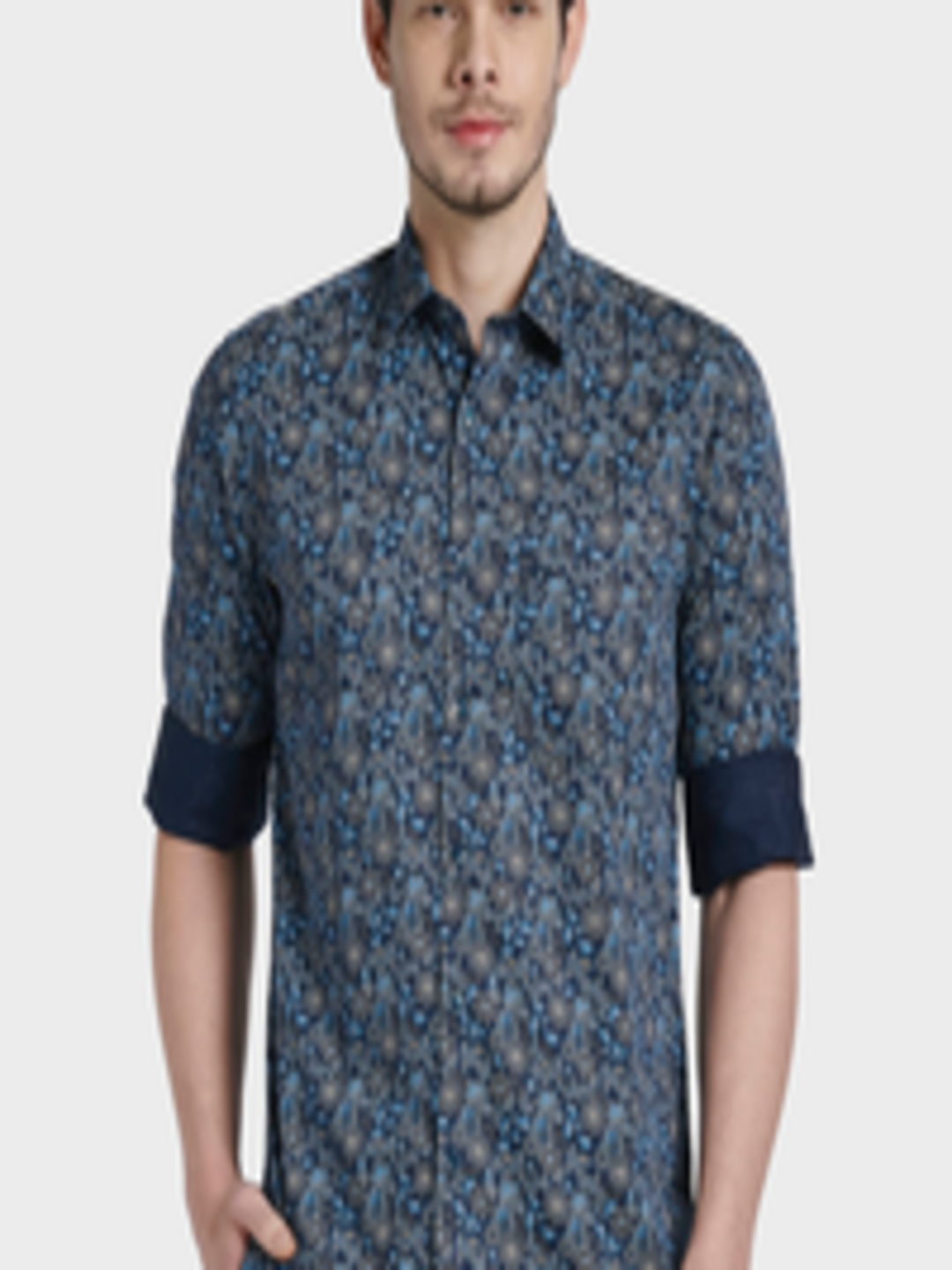 Buy ColorPlus Men Blue & Beige Regular Fit Printed Casual Shirt ...