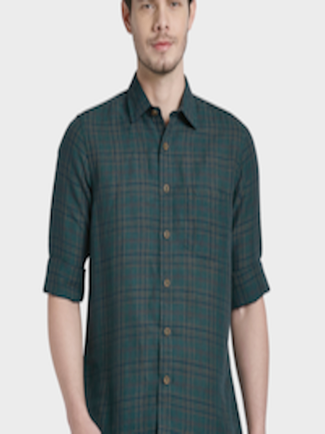 Buy ColorPlus Men Green & Brown Regular Fit Checked Casual Shirt ...