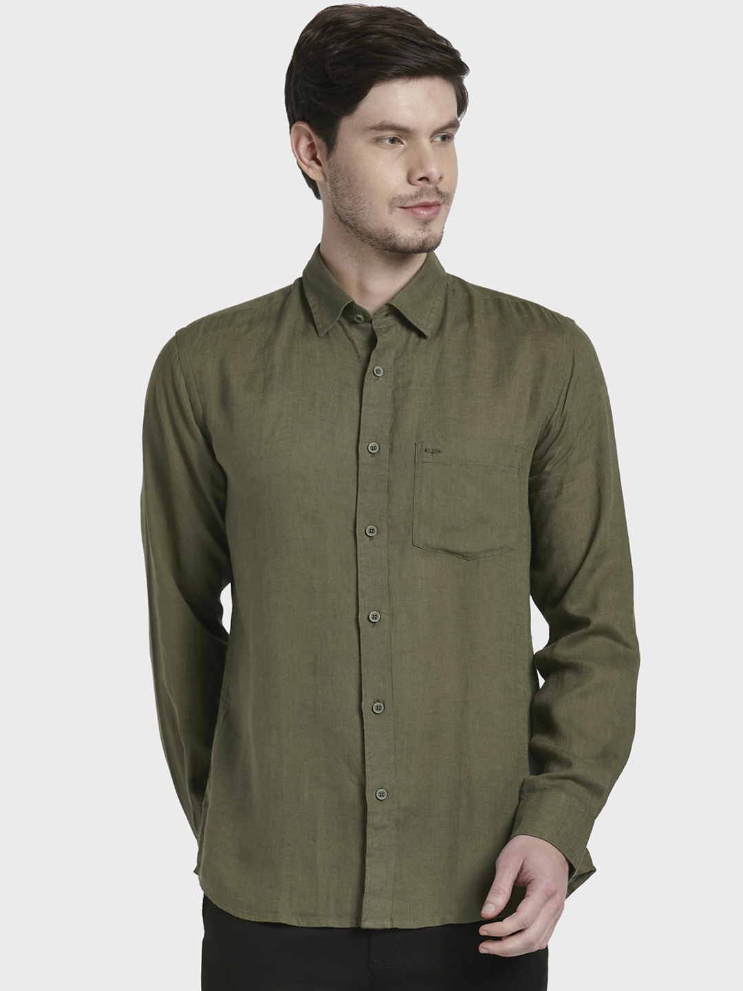 Buy ColorPlus Men Green Linen Regular Fit Solid Casual Shirt - Shirts ...