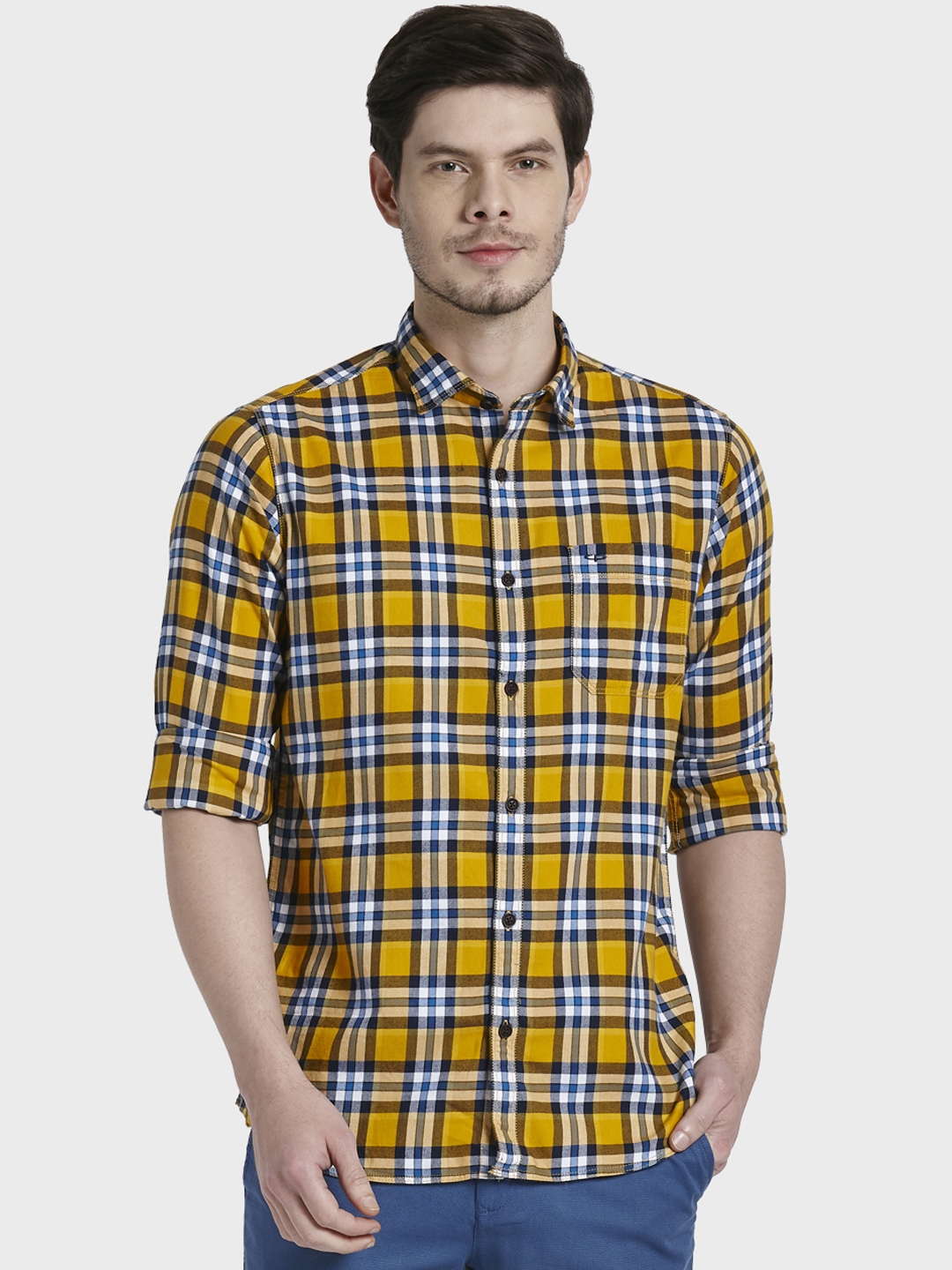 Buy ColorPlus Men Yellow & Blue Regular Fit Checked Casual Shirt ...