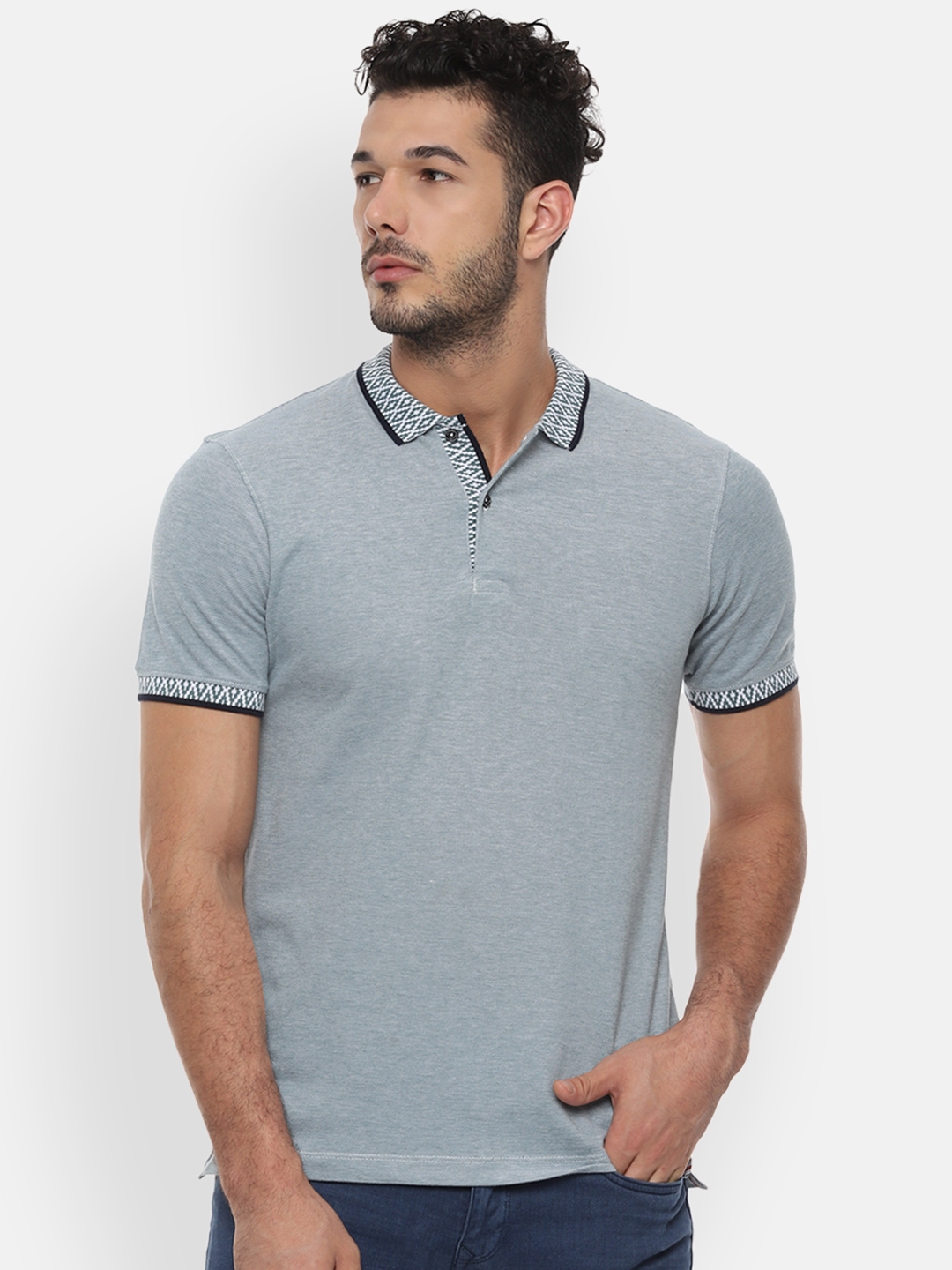Buy Van Heusen Men Grey Solid Polo Collar Pure Cotton T Shirt - Tshirts ...