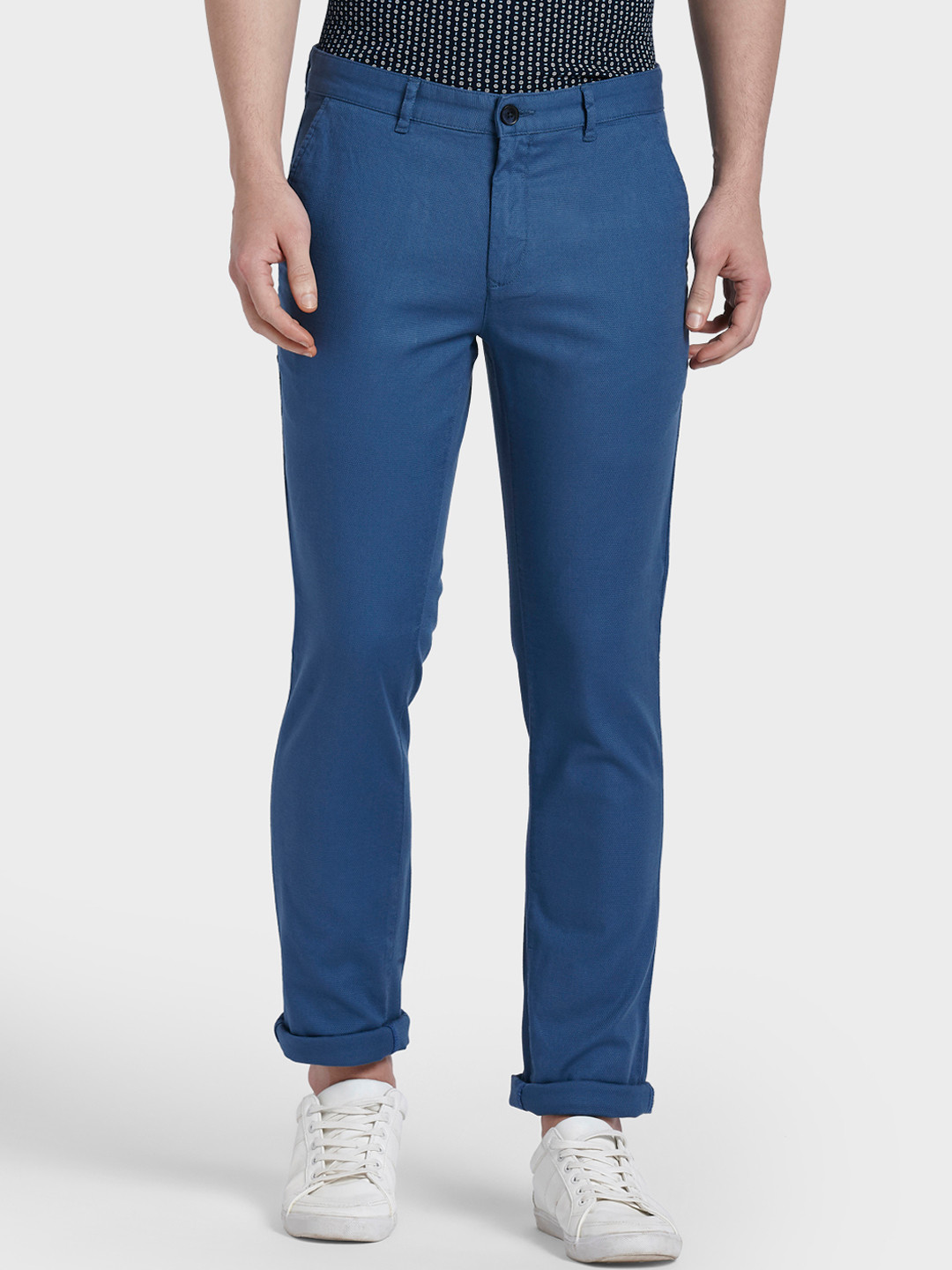 Buy ColorPlus Men Blue Regular Fit Self Design Regular Trousers ...