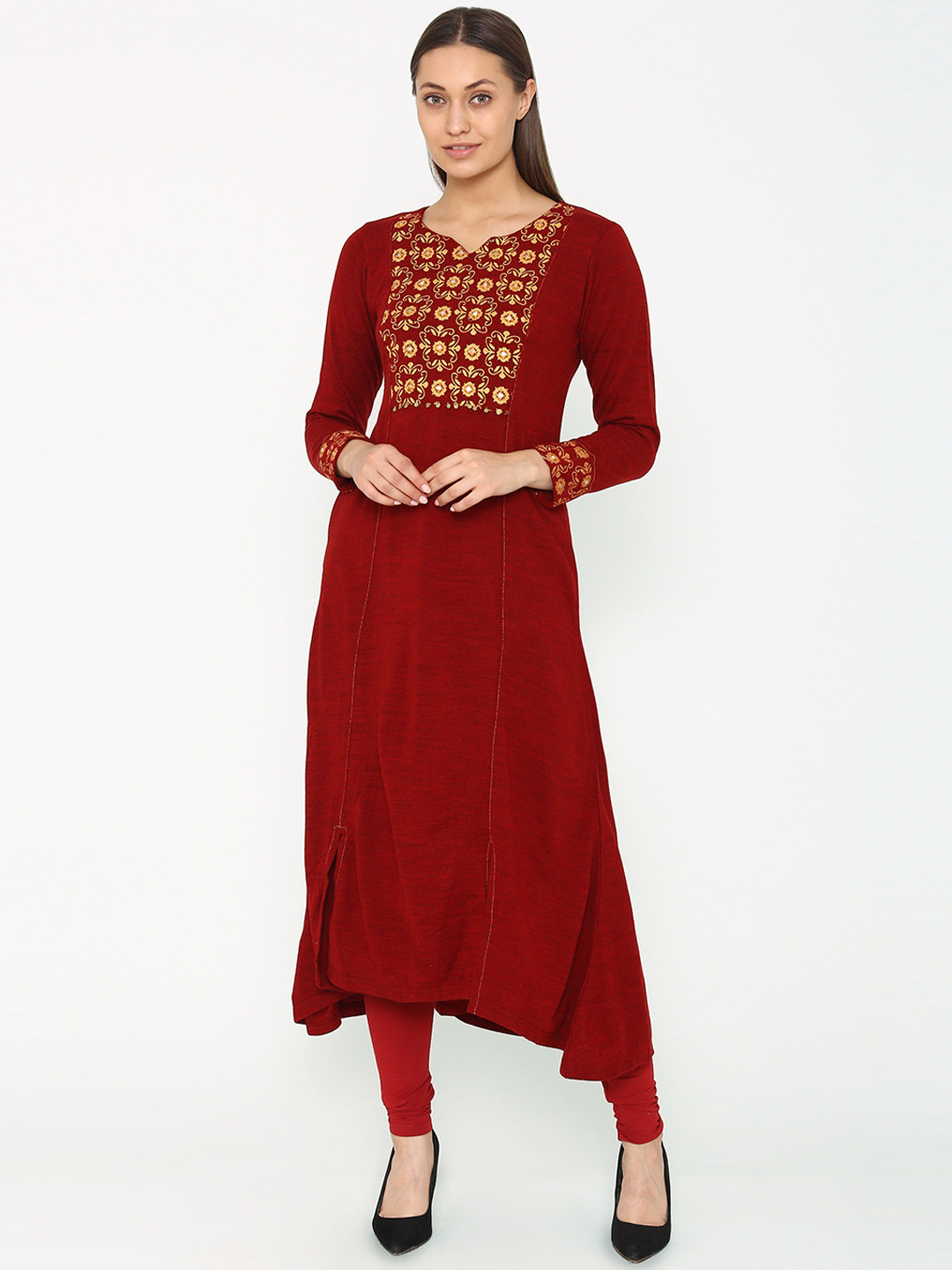 Buy Laabha Women Maroon & Gold Toned Embroidered Asymmetric A Line