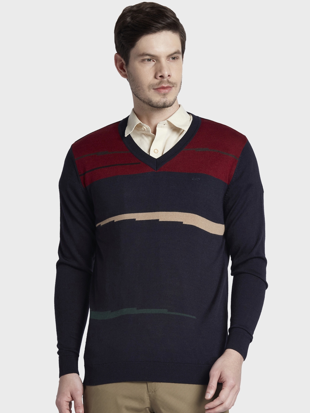 Buy ColorPlus Men Navy Blue & Red Striped Sweater - Sweaters for Men ...