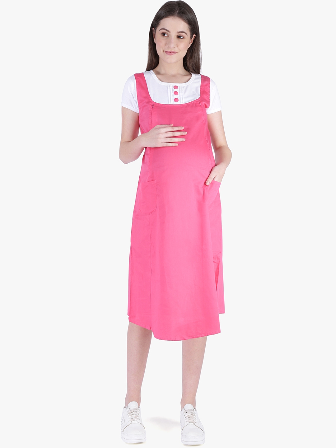 Buy Momtobe Women Solid Pink Maternity Pinafore Nursing Sustainable Dress Dresses For Women 