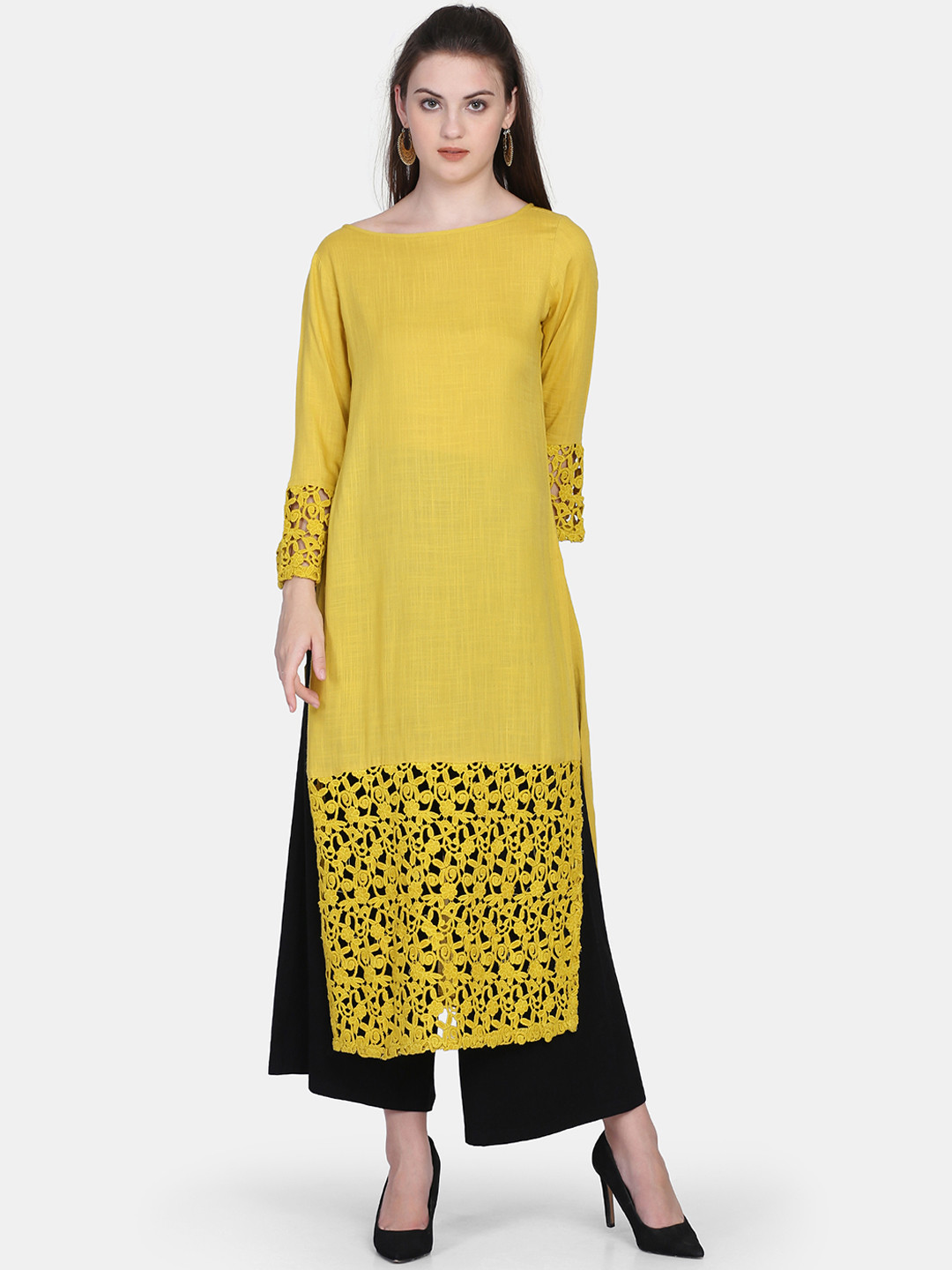 Buy Ojjasvi Women Mustard Lace Detail Straight Kurta Kurtas for Women 10771630 Myntra