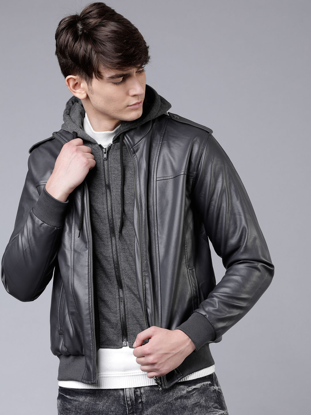 Buy HIGHLANDER Men Charcoal Black Solid Biker Jacket - Jackets for Men 10784352 | Myntra