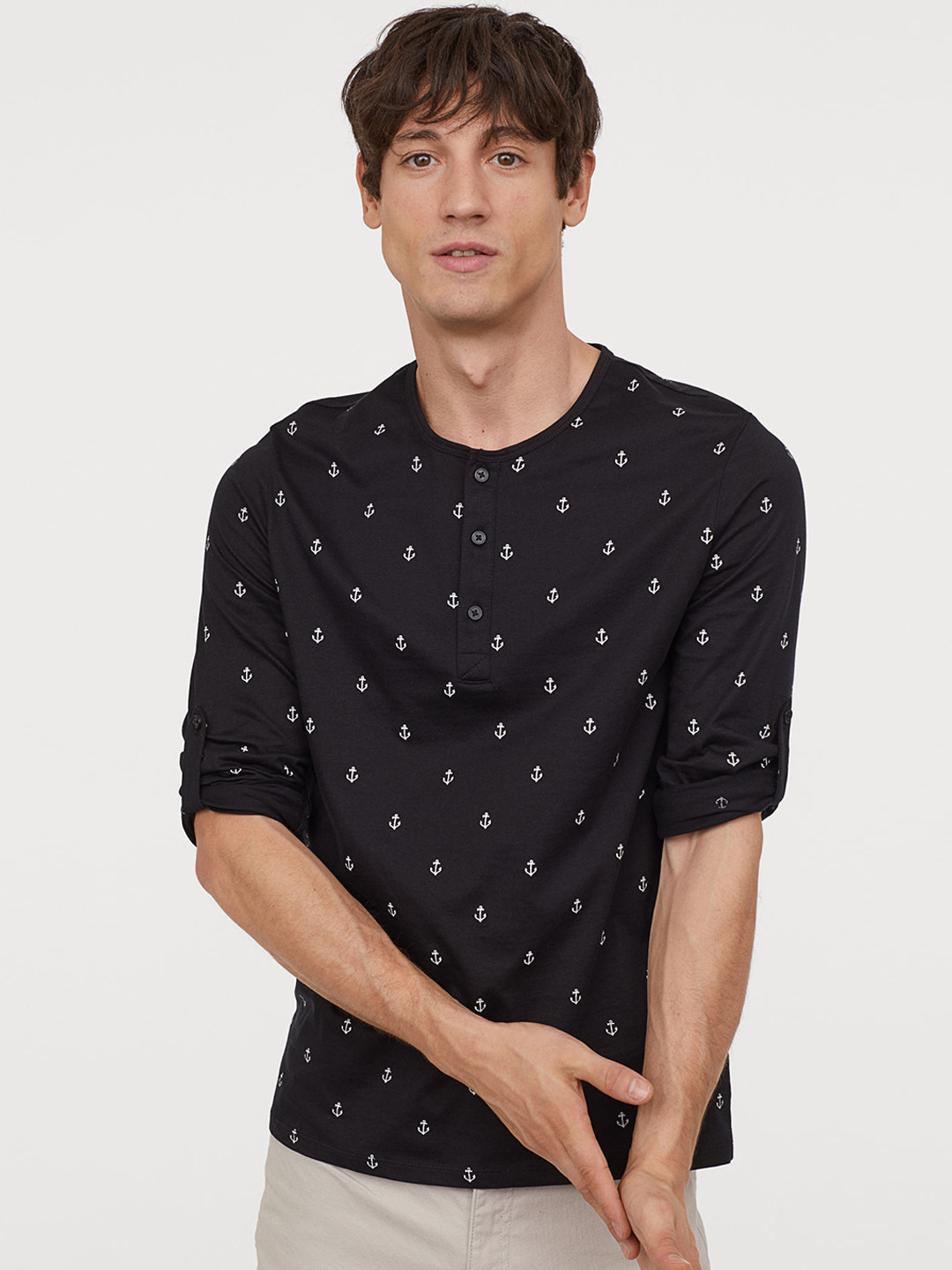 Buy HM Men Black Printed Long Sleeved Pure Cotton T Shirt Tshirts for