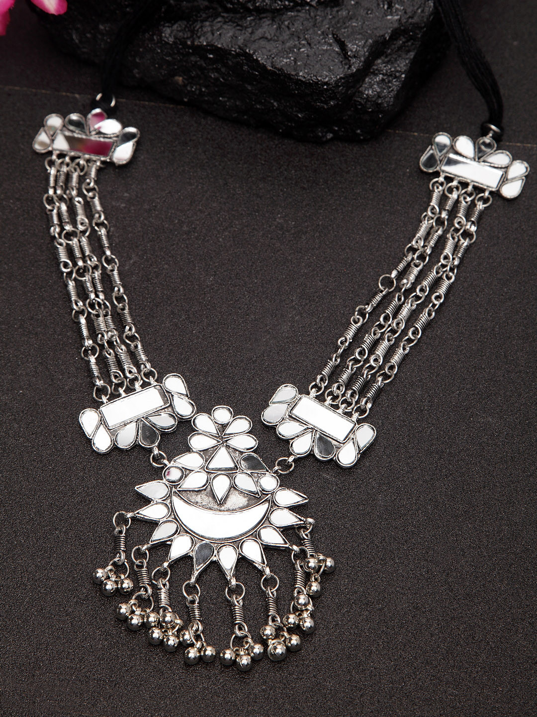 Buy Moedbuille Silver Plated Mirror Handcrafted Mirror Studded Necklace Necklace And Chains