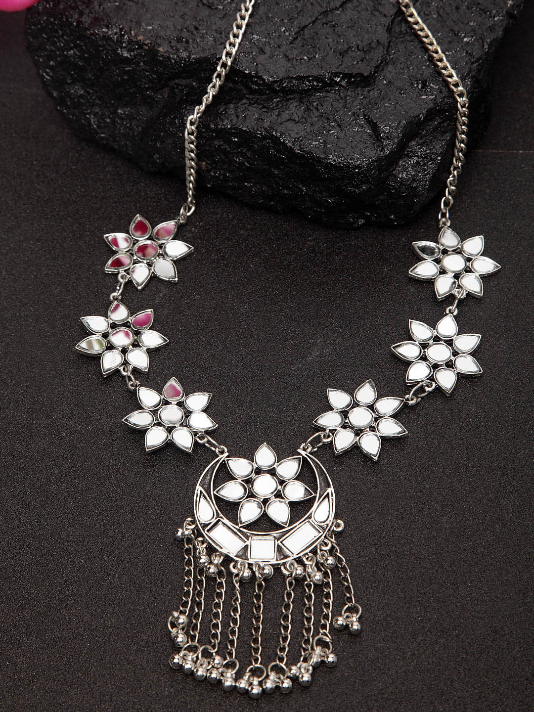 Buy Moedbuille Silver Plated Handcrafted Mirror Design Oxidised Necklace Necklace And Chains