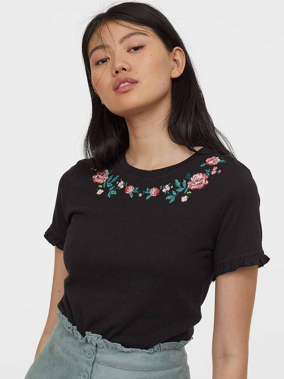 Buy H&M Black T Shirt With Embroidery Tshirts for Women 10910766 Myntra