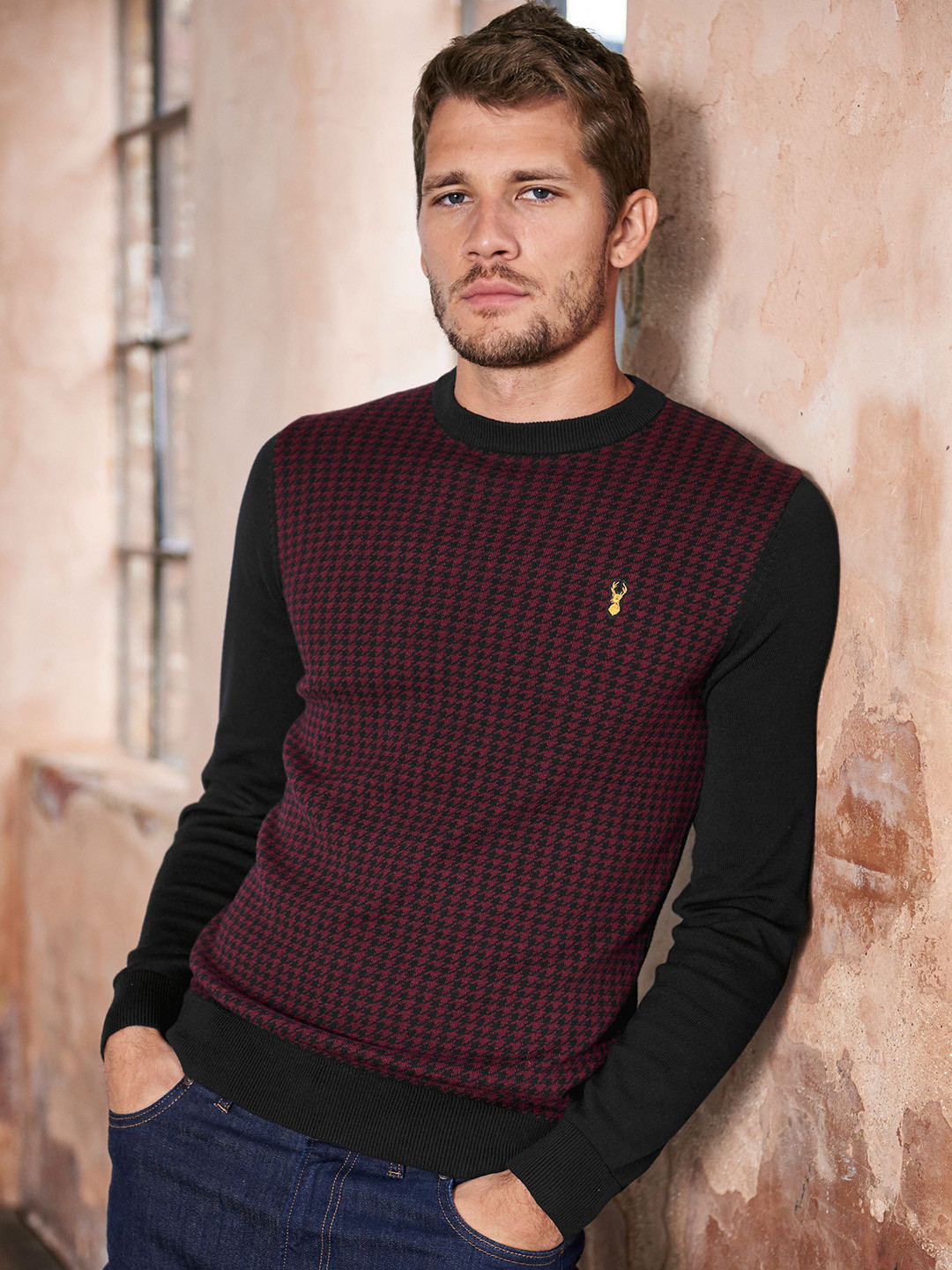 Buy Next Men Burgundy & Black Printed Sweater Sweaters for Men