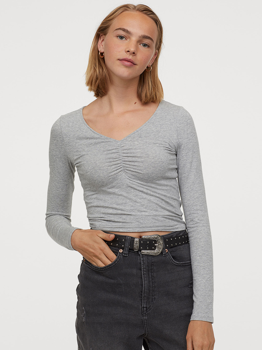 Buy H&M Women Grey Solid V Neck Top Tops for Women 10909288 Myntra