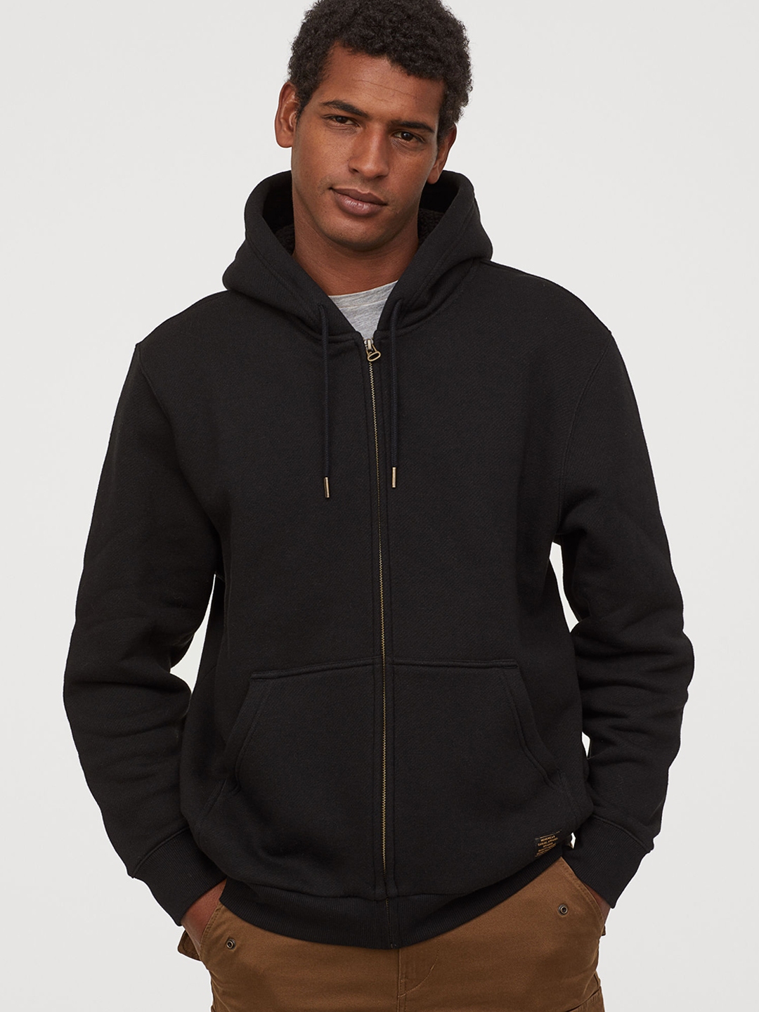 Buy H&M Men Black Solid Jacket With A Pile Lined Hood - Sweatshirts for ...