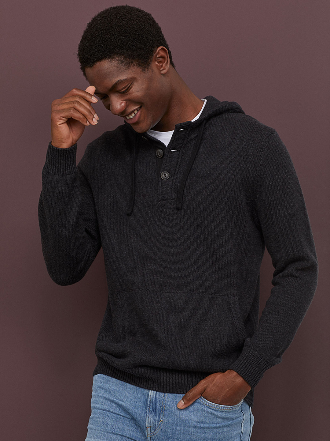 Buy H&M Black Hooded Jumper With Buttons Sweaters for Men 10904078