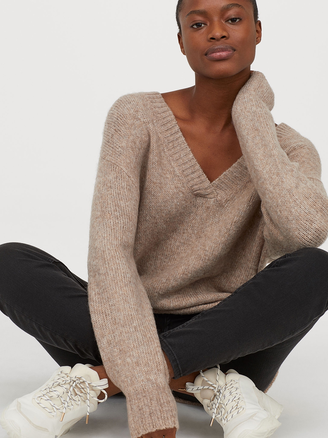brown v neck jumper