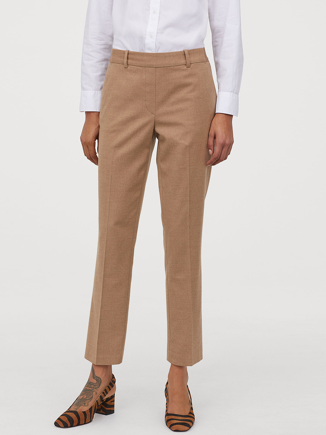 Buy H&M Women Beige Solid Cigarette Trousers Trousers for Women