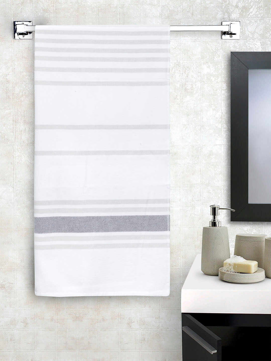 Buy SPACES Unisex White & Grey Striped 450 GSM Bath Towel Bath Towels