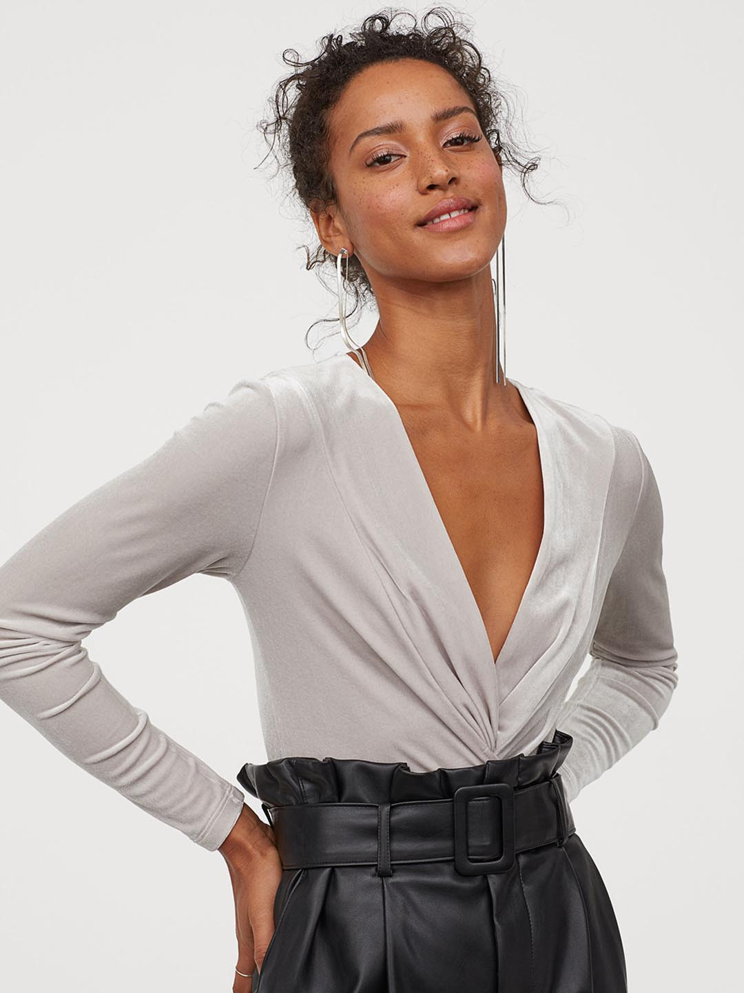 Buy H&M Women Grey Draped Velour Bodysuit Bodysuit for Women 10965250