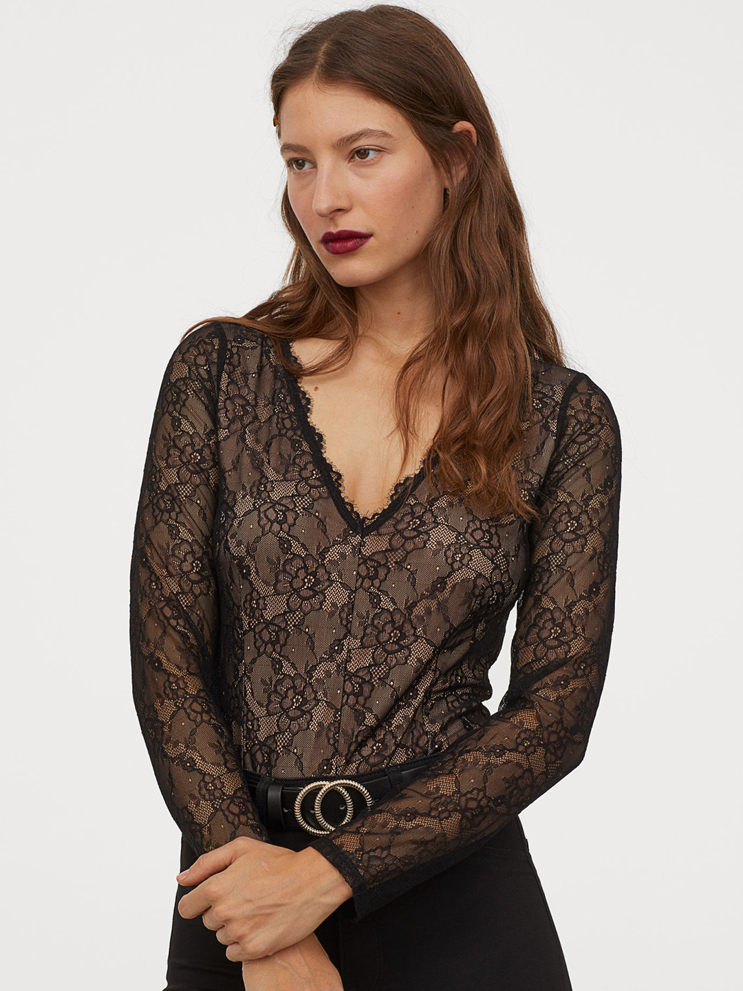 Buy H&M Women Black V Neck Lace Bodysuit Bodysuit for Women 10965260